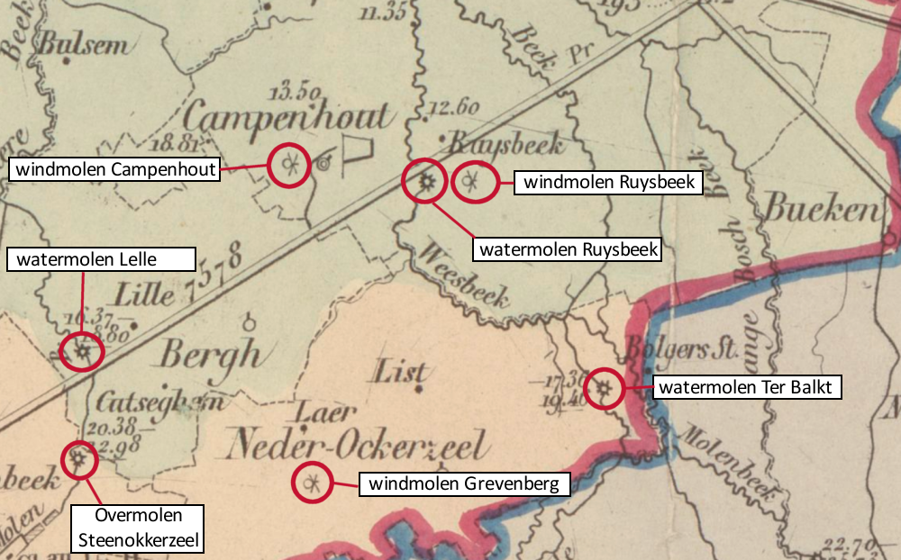 kaart uit 1852: waterwegen en molens