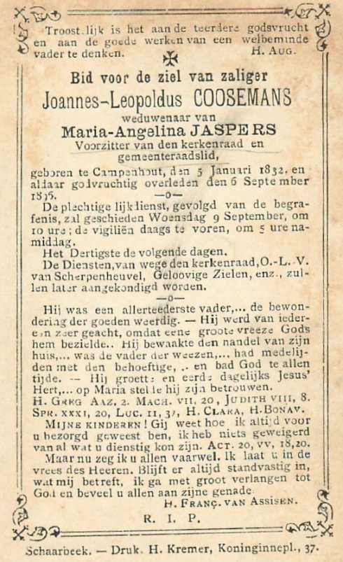bidprentje Joannes-Leopoldus Coosemans (1832-1896)